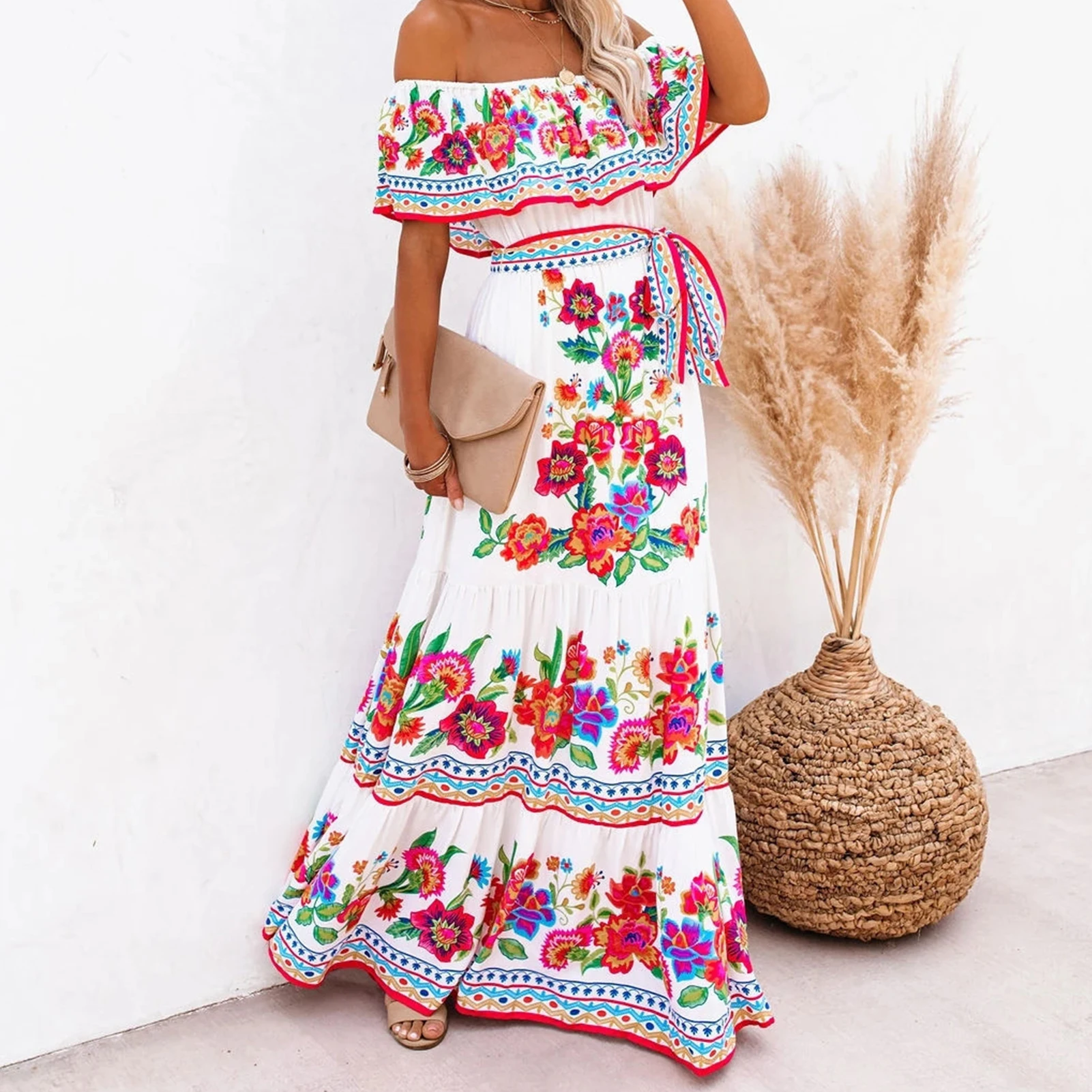 

Женское длинное платье с одним плечом, элегантное винтажное пляжное платье миди с цветочным принтом для отпуска в уличном стиле на лето