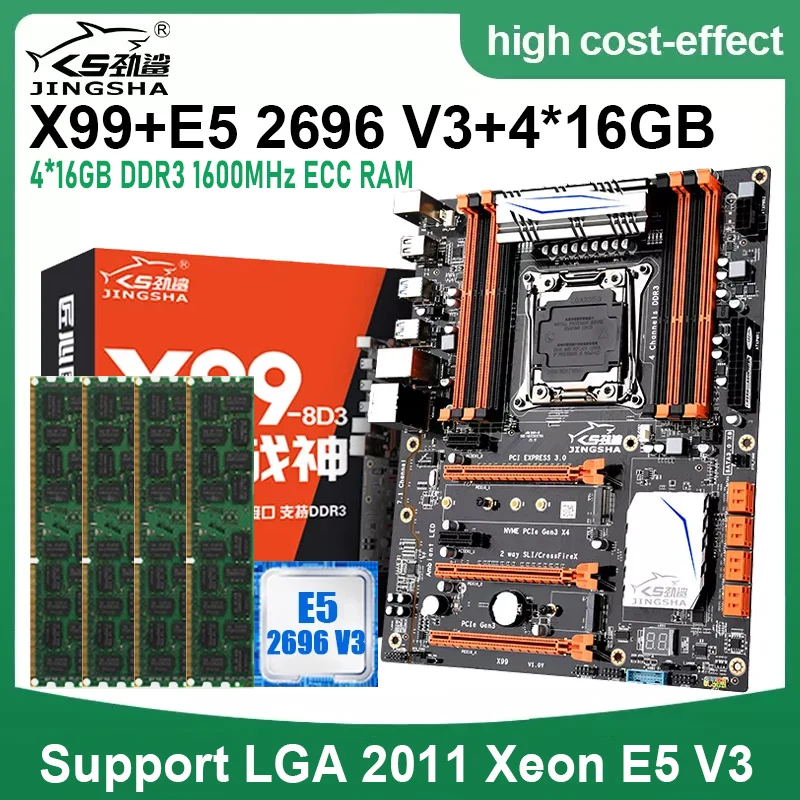 

JINGSHA X99 LGA 2011-3 Gaming Motherboard Set With Intel E5 2696 V3 And 4*16GB DDR3 ECC RAM Support SATA 3.0 USB 3.0 Up to 256GB