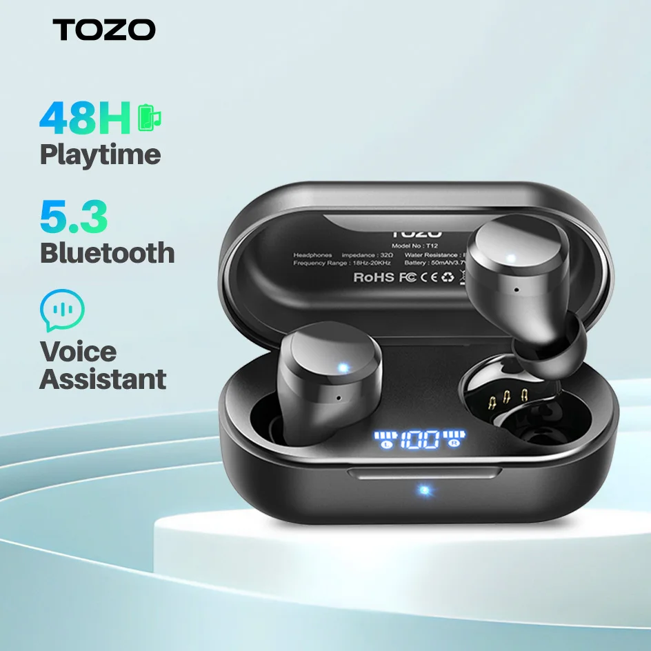 TOZO T12 Bluetooth Earphones ,Wireless Earbuds With Premium Sound Smart Touch , LED Digital Display , 48H Play For Sports TOZO T12 Bluetooth Earphones ,Wireless Earbuds With Premium Sound Smart Touch , LED Digital Display , 48H Play For Sports