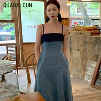 qiaoxicun one piece woman adjustable straps denim slip dress 2022 summer korean fashion contrast color a line waist sling dress