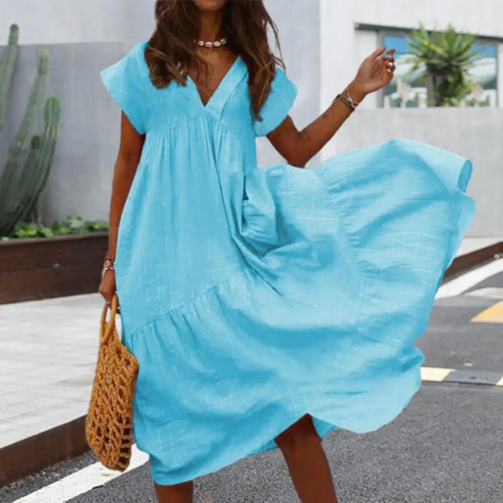 

Fashion Tunic Midi Dress Women's Summer Solid Color Ruffles Asymmetrical Large Hem Maxi Dress for Beach Female Sundress Vestidos