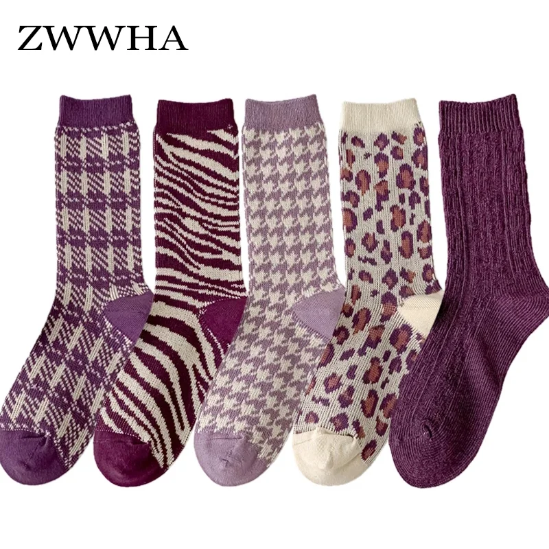 

5 Pairs/Lot Women Socks Combed Cotton High Quality Heart Breathable Trendy Leopard Girls Long Socks Женские Носки Purple Socks