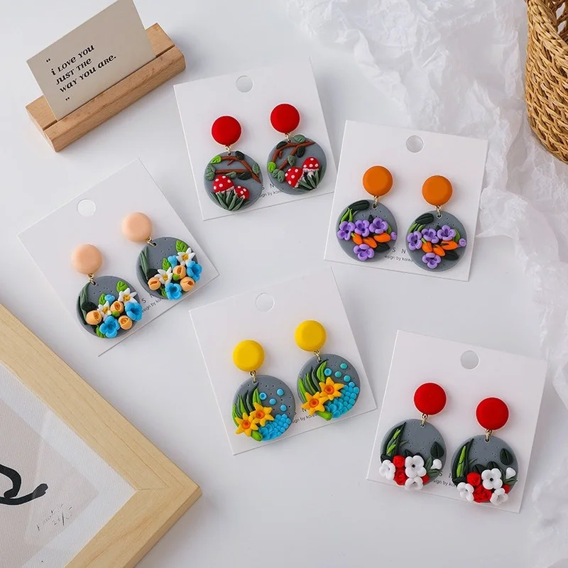 

U-Magical Unusual Multicolor Handmade Polymer Clay Flower Dangle Earring for Women Round Contrasted Plant Earring Jewellery