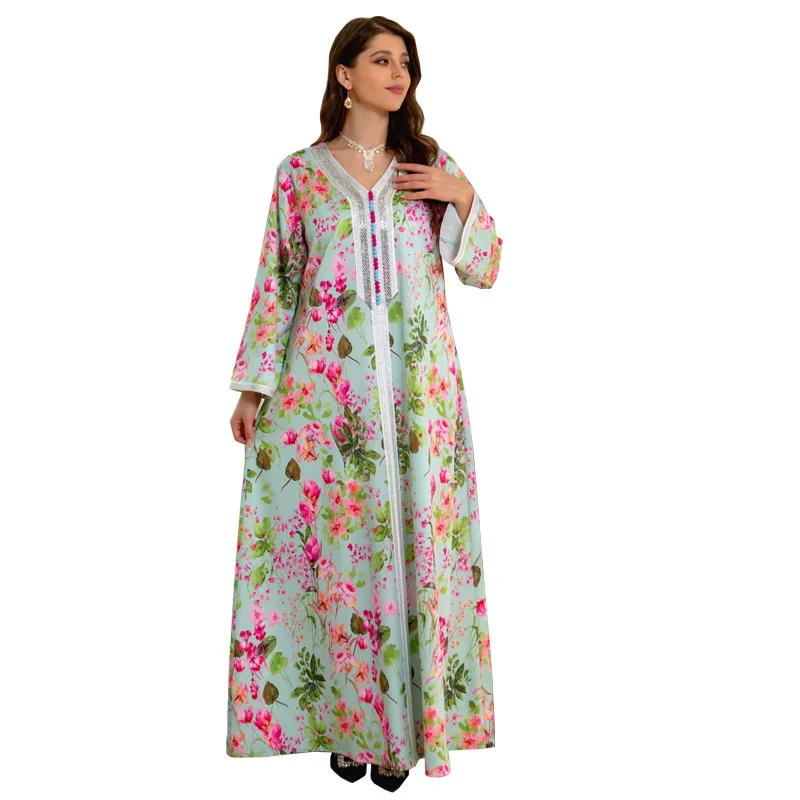 Abaya Dress 2023 Spring Summer Muslim Women Long Sleeve V-neck Polyester Printing Long Abaya Muslim Fashion Dress