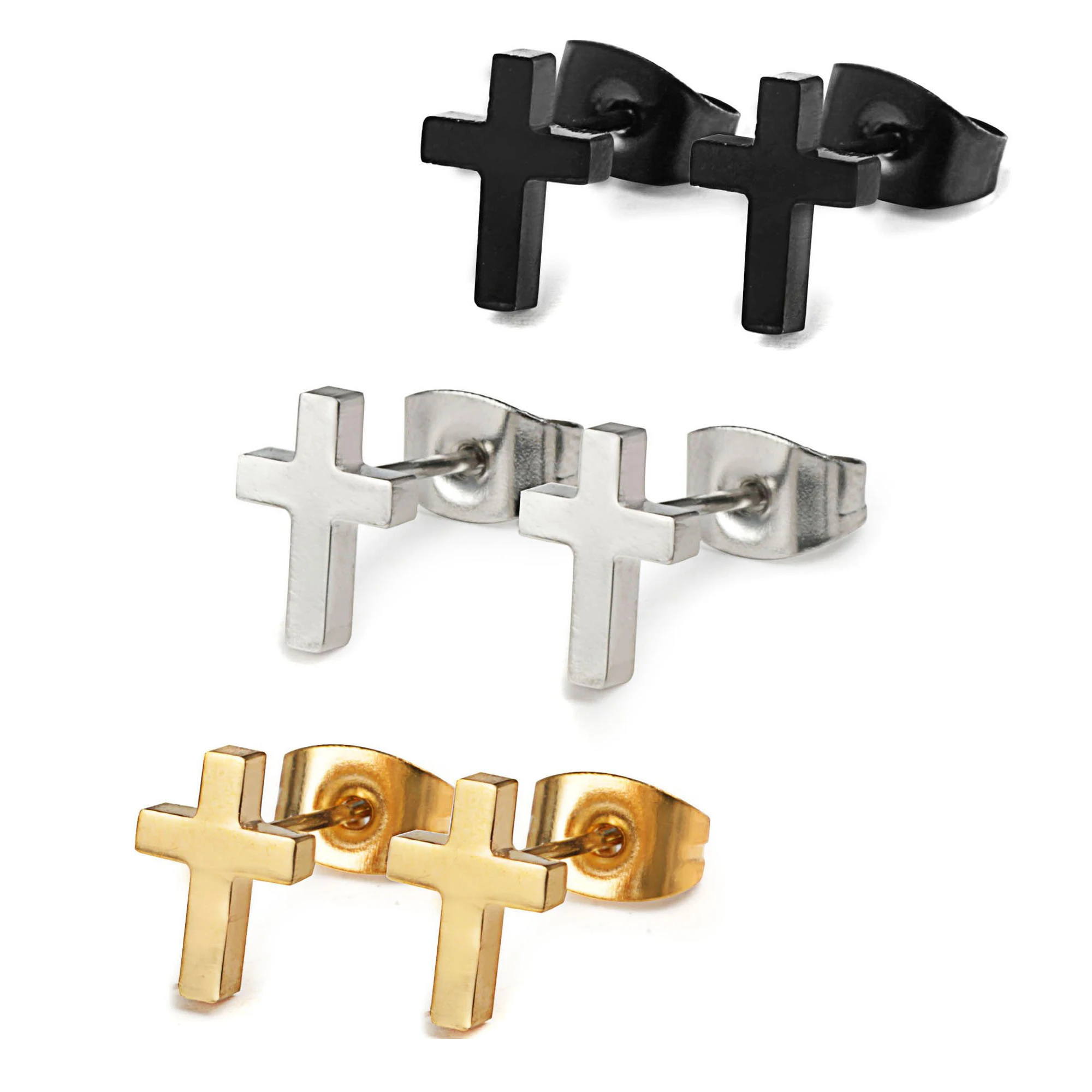 

3 Pairs Stud Earrings for Women Men Cross Stud Earrings Black Silver Gold Stainless Steel Earrings Set Piercing Jewelry