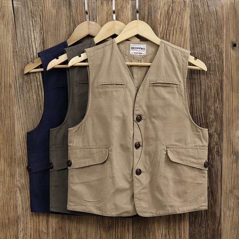 

Men's V Neck Casual Vest Retro Style Multi Pockets Fishing Vest Cotton Outdoor Hunting Vest Canvas Workwear Vest