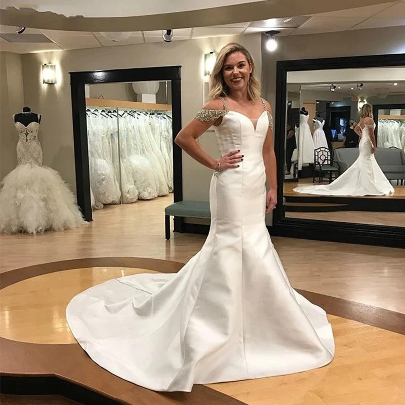

ANGELSBRIDEP Милое Свадебное платье Русалка высококачественное атласное платье с открытыми плечами официальное платье невесты со шлейфом