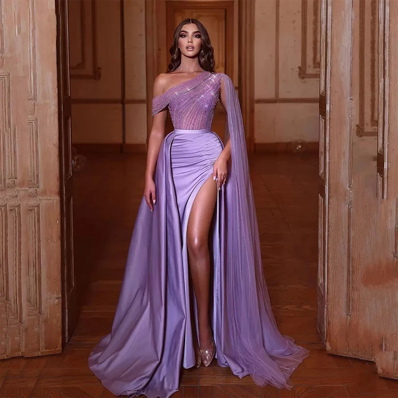 

Purple One Shoulder Evening Dresses Beading Side Split Celebrity Gown Ruched Satin Arabic Cape Dubai Females Robe de Soiree