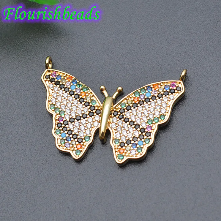 Wholesale 20pc Gold Palted Multi Color CZ Zircon Paved 30mm Cute Butterfly Metal Charms Pendant Jewelry Making Supplies