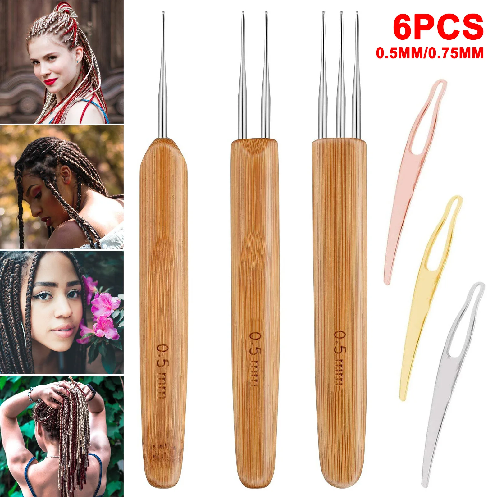 

6PCS 0.75mm/0.5mm Dreadlocks Crochet Hooks Set Hair Extensions Crochet Weaving Needles Dreadlocks Interlock Needle Tool Hot