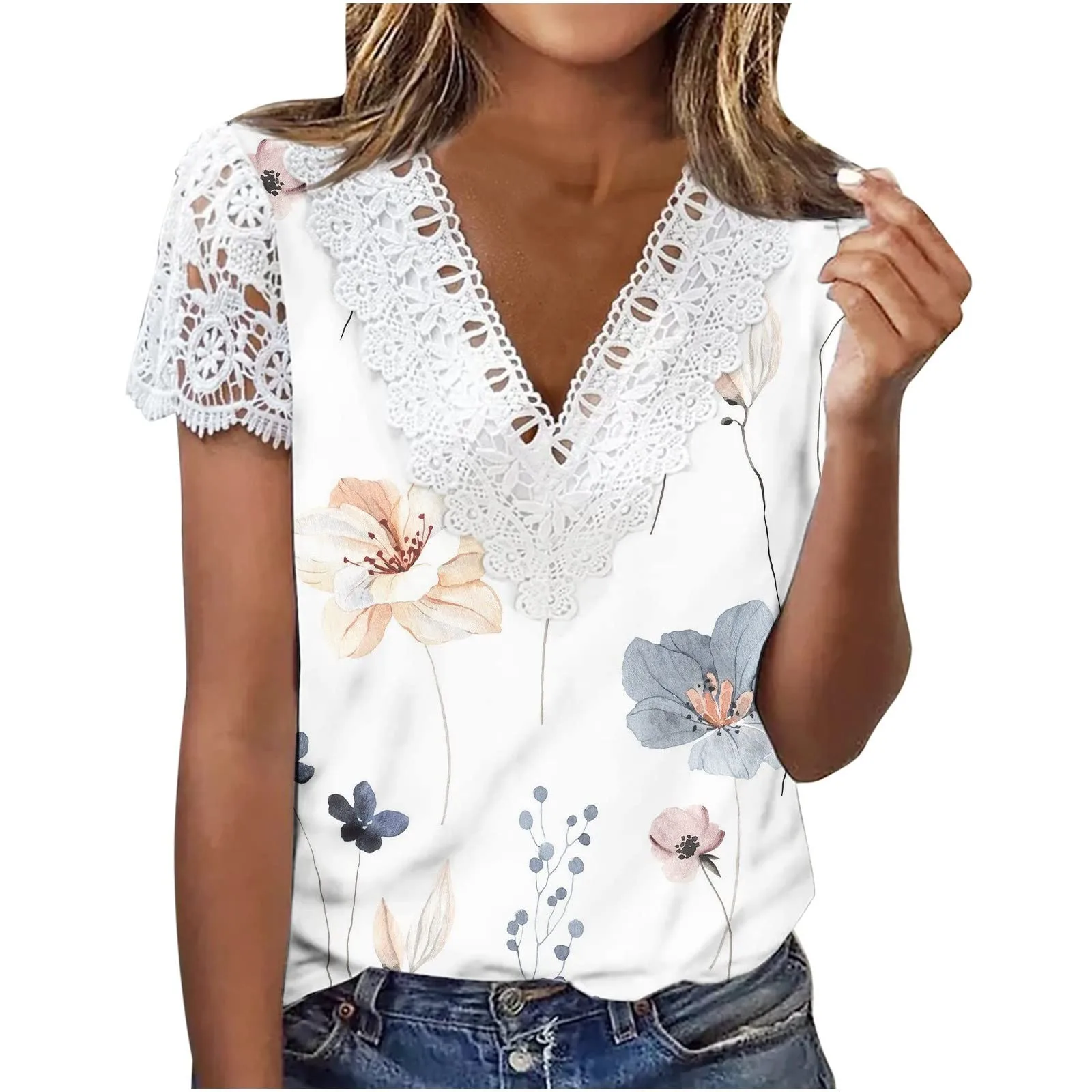 

Summer Tops For Womens Elegant Casual V Neck T Shirt Lace Sleeve Floral Print Aesthetic Tees Ladies Teens Loose Fit Streetwear