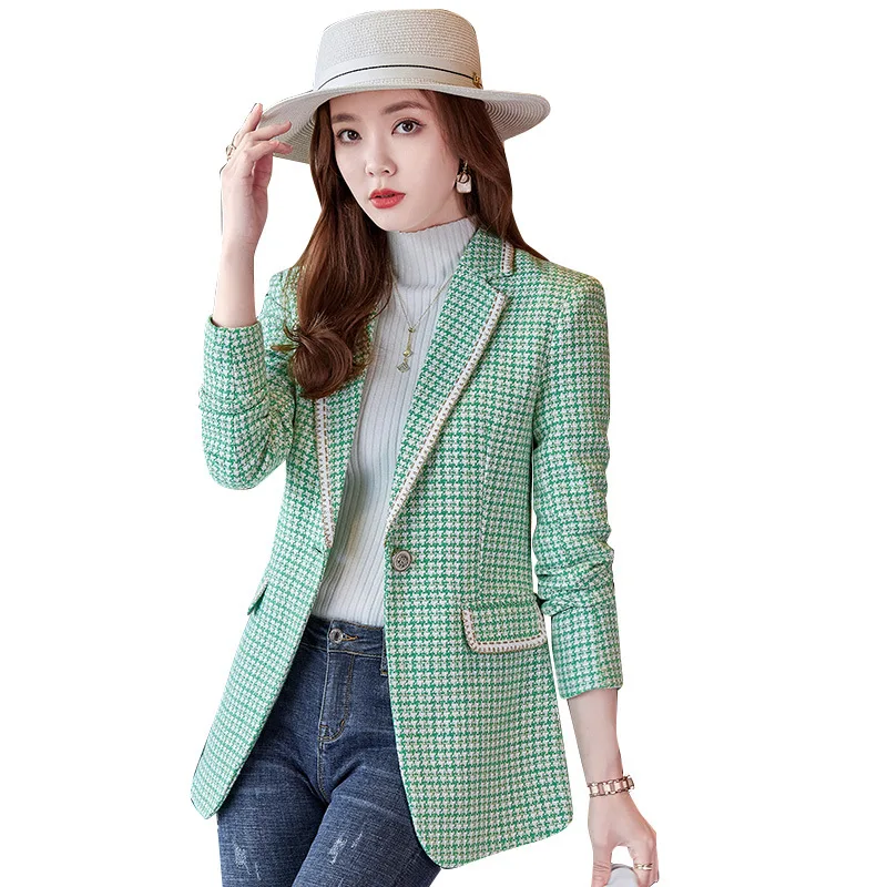 

Green Apricot Black Plaid Ladies Formal Blazer Coat Women Female Long Sleeve Single Button Business Work Wear Jacket For Winter