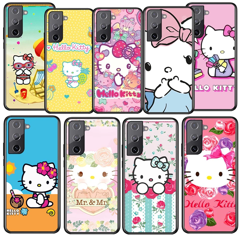 

Cartoon Hello Kitty Gift For Samsung Galaxy S22 S21 S20 Ultra Plus Pro S10 S9 S8 S7 S6 Soft Silicone Black Phone Case Coque Capa