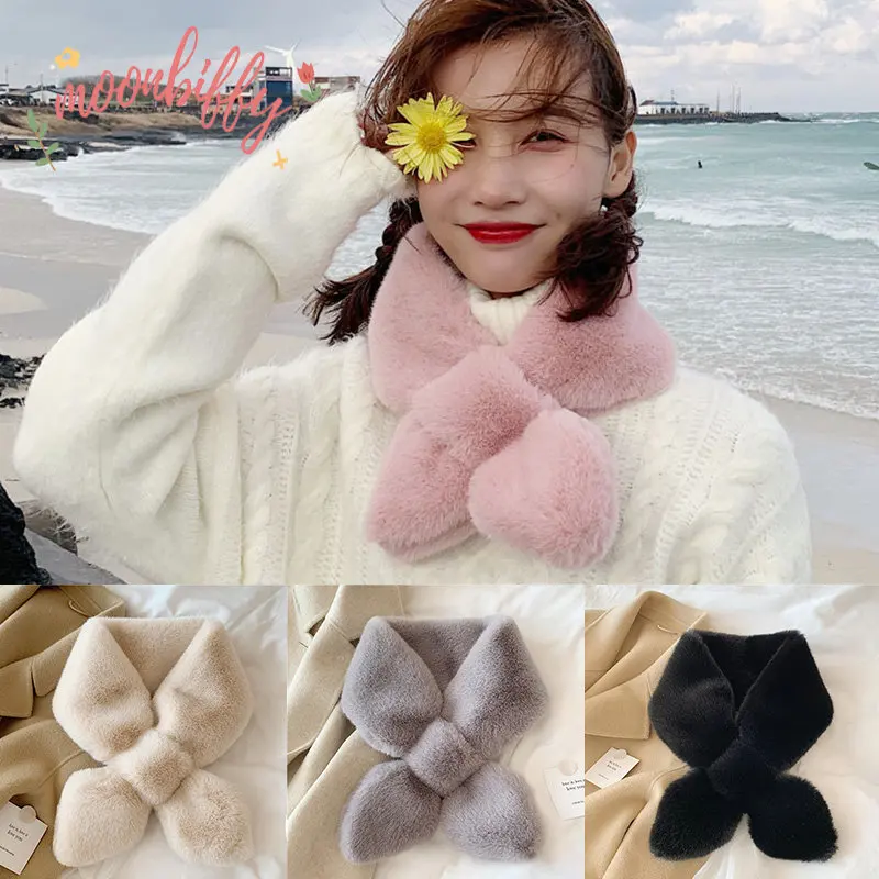 

Solid Color Plush Warm Neck Fur Collars Autumn Winter Imitation Rex Rabbit Fur Cross Scarf Women Furry Bib Girls Warm Collar