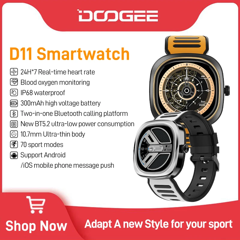 DOOGEE-reloj inteligente D11, dispositivo resistente al agua IP68, con Bluetooth, control del ritmo cardíaco en tiempo Real, 70 modos deportivos, batería de 300mAh, para teléfono móvil Android e iOS
