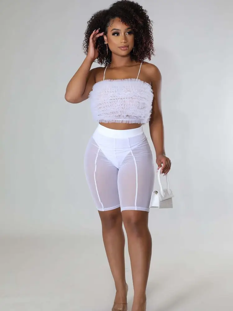 

HAOYUAN Sexy Beach Vacation Two Piece Sets Mesh Sheer Shorts and Ruffles Crop Top Club Outfits for Women Summer Matching Sets