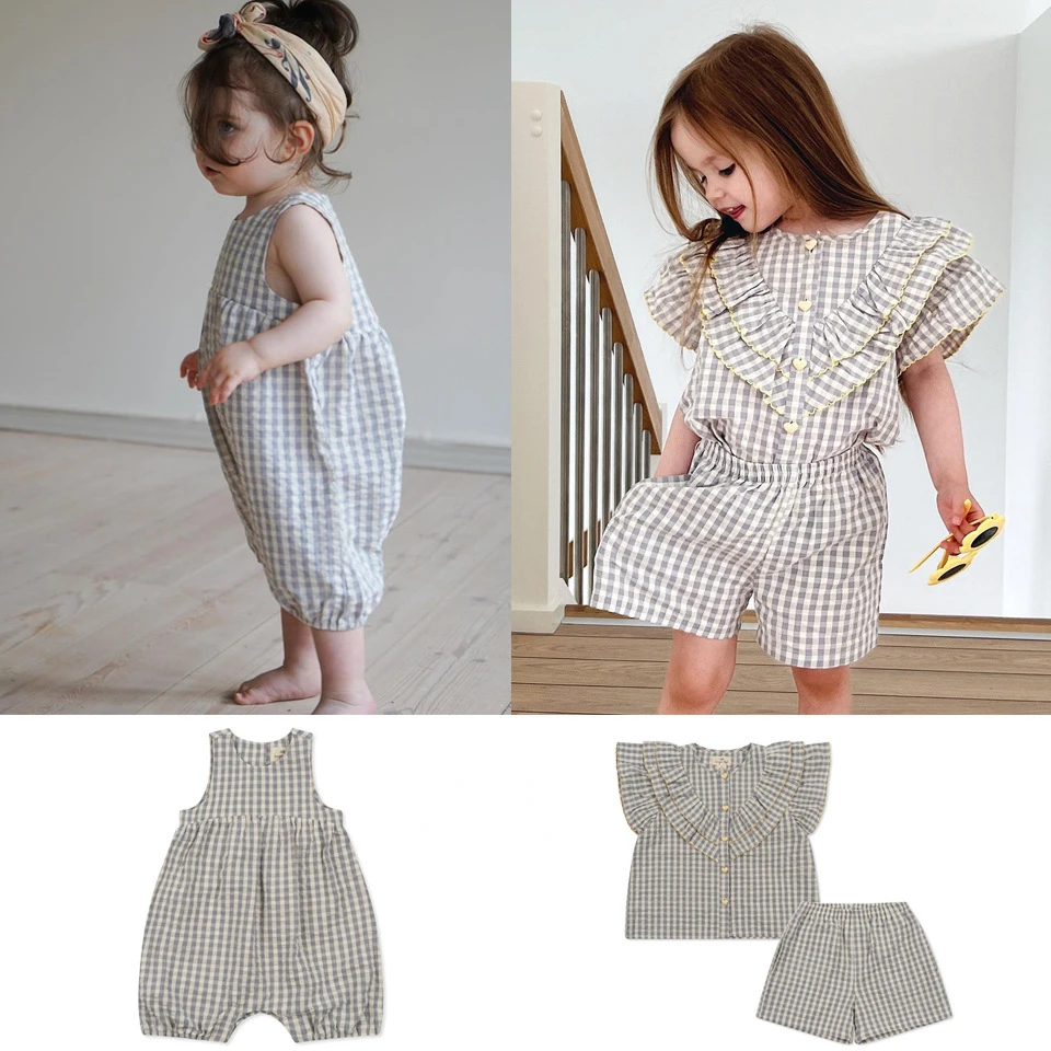 

Kids Clothes Girls 23 Summer New Ks Plaid Embroidery Series Flying Sleeve Shirt Top Shorts Jumpsuit Gray and White Grid