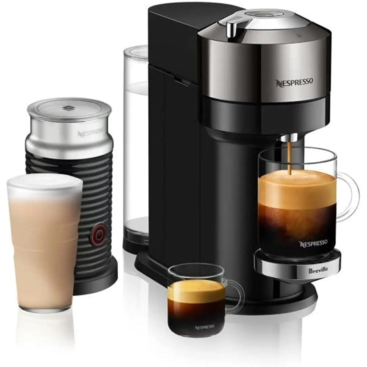 

Кофеварка Nespresso Vertuo Next Deluxe от De'Longhi, чистый хром, вспениватель молока аэрочино, 1,1 л, Черная