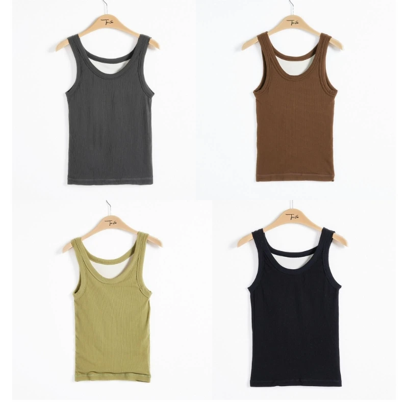 

Женская теплая жилетка на флисовой подкладке, однотонное нижнее белье, топ в рубчик, Женская Осенняя Базовая майка без рукавов с круглым выр...