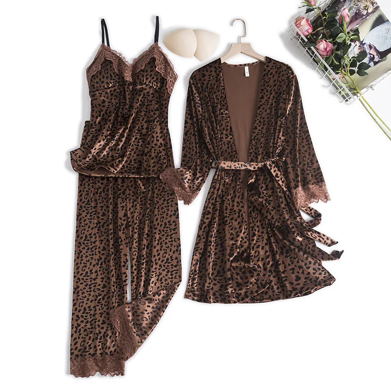 

3PCS Home Velour Pijamas Lace Set Casual Bathrobe Autumn Pajamas Winter Women Sleepwear Leopard Trim Clothes Sexy Suit Velvet