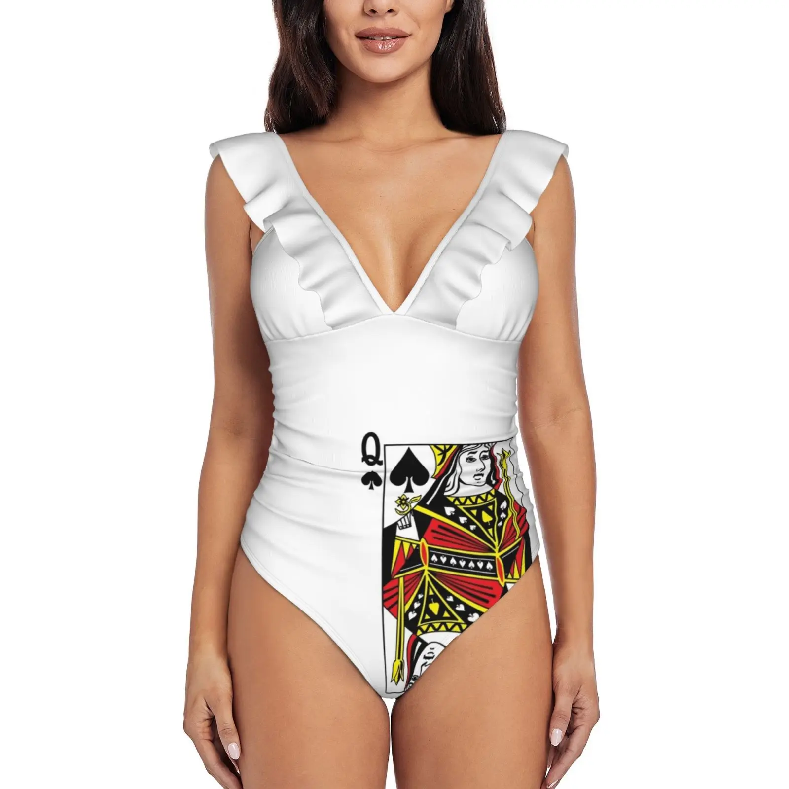 

Женский сплошной купальник Queen Of Spades с оборками, боди, сплошной купальник, купальный костюм, пляжная одежда, казино, королева покера