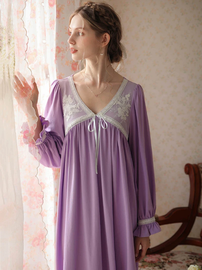 Women Pure Cotton Long Sleeve Ruffles Vintage Nightgowns Robe V-Neck Victorian Romantic Princess Sleepwear Nightdress Homewear