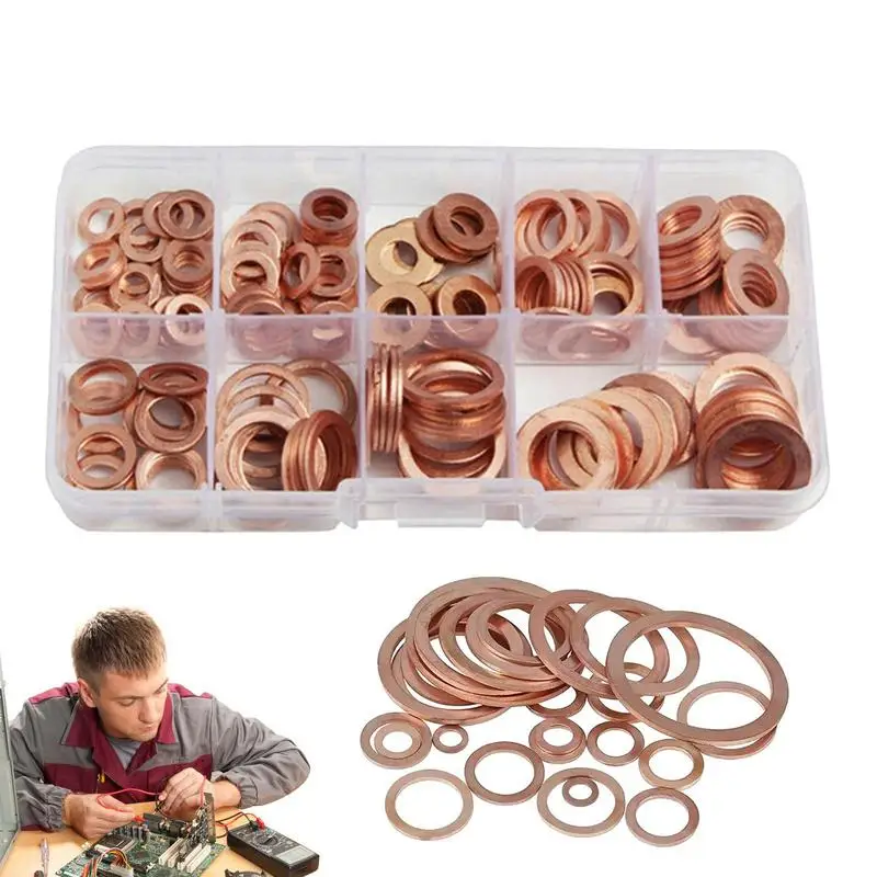 

Washers For Screws Flat Sealing Washers Assortment Kit Copper 200pcs 9 Sizes Hardware Assortment Kit Multifunctional For Sealing