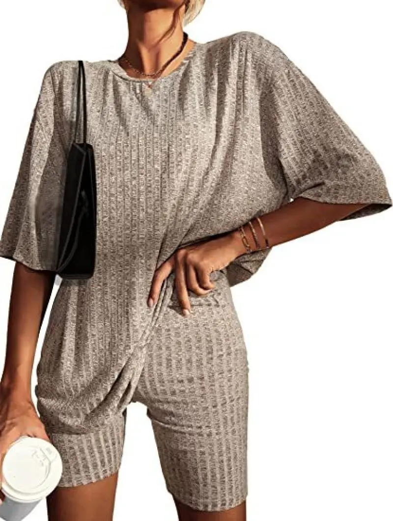 Womens Pajamas Set Pyjamas 2 Piece Lounge Sets Ribbed Knit Matching Outfits T-shirt Biker Shorts Sleepwear Loungewear Sweatsuits