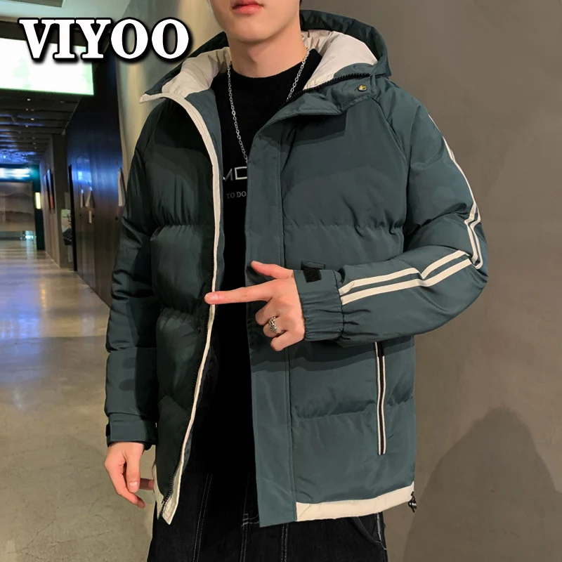 Men's Down Jacket Striped Thick Loose Down Hooded Boy Trench Coats Autumn Winter Clothing Hoodies Windbreaker Overcoat for Men