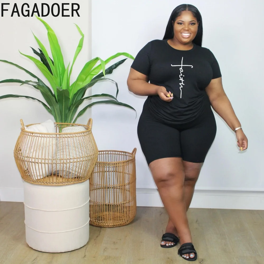 FAGADOER Casual Solid Plus Size Two Piece Set XL-5XL Women Round Neck Print Top + Biker Shorts Tracksuit Female Sport 2pcs Suits