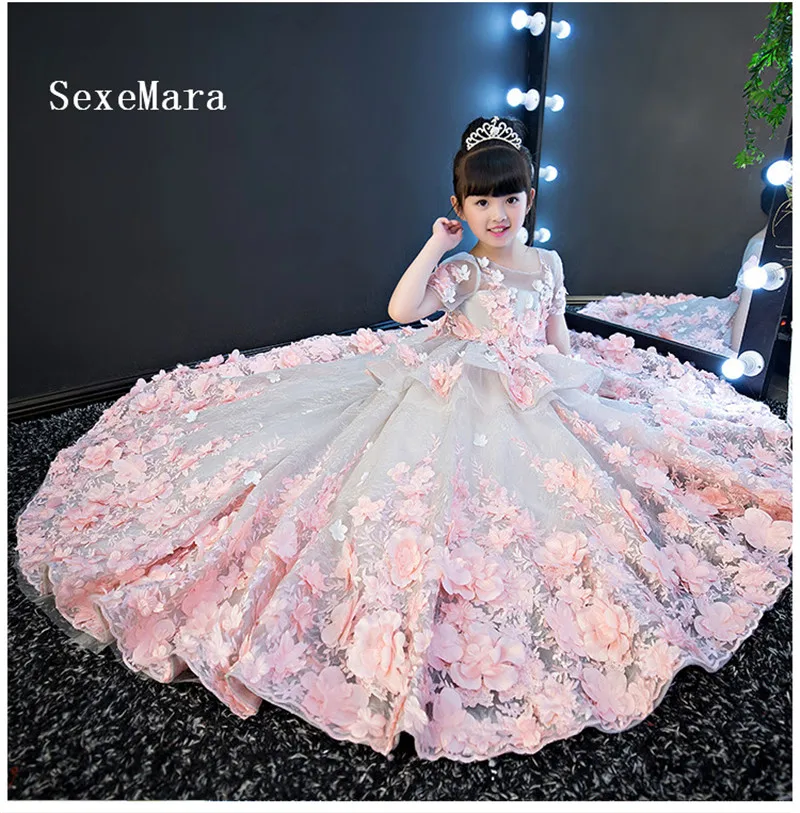 Luxury Flower Girl Dresses Ball Gowns 3D Flowers Applique Lace Princess Pageant Children Birthday Party Clothes | Детская одежда и