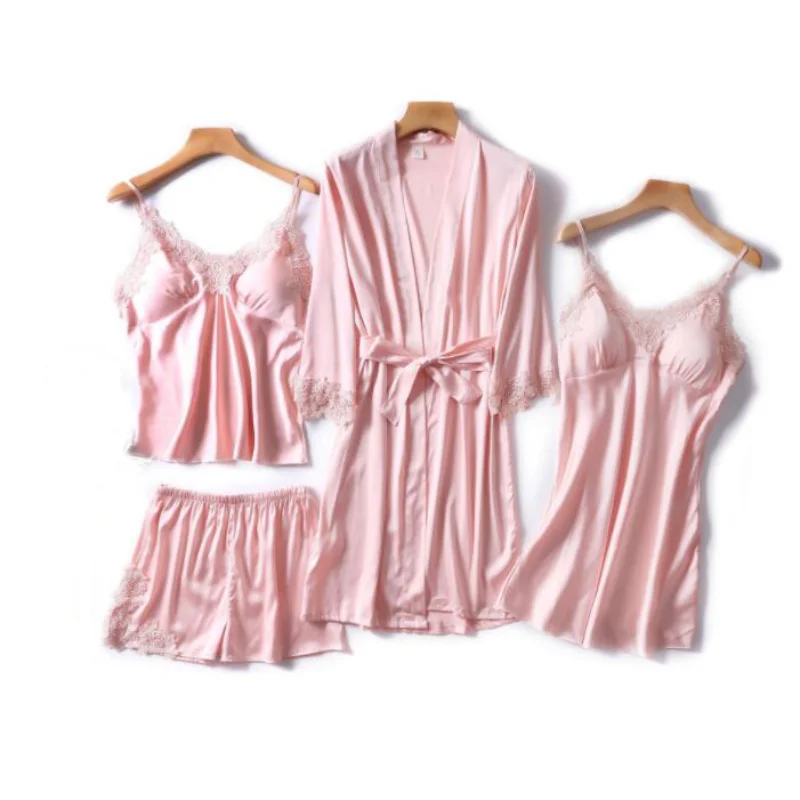 

Wholesale women sexy four pieces set silk bridal pajamas set homewear