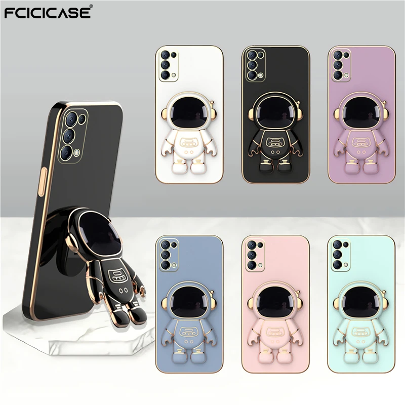 

Luxury Astronaut Plating Stand Holder Phone Case For OPPO Reno 5 6 7 Pro 5K 4 SE 2Z 3 Find X2 X3 X5 Silicone Soft Cover Coque