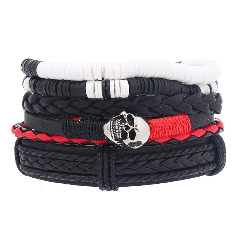 

Men Bracelets Vintage Multilayer Skull Leather Braid Bracelets 4pcs/set Bangles Handmade Rope Wrap Bracelets Male Gift Jewlery