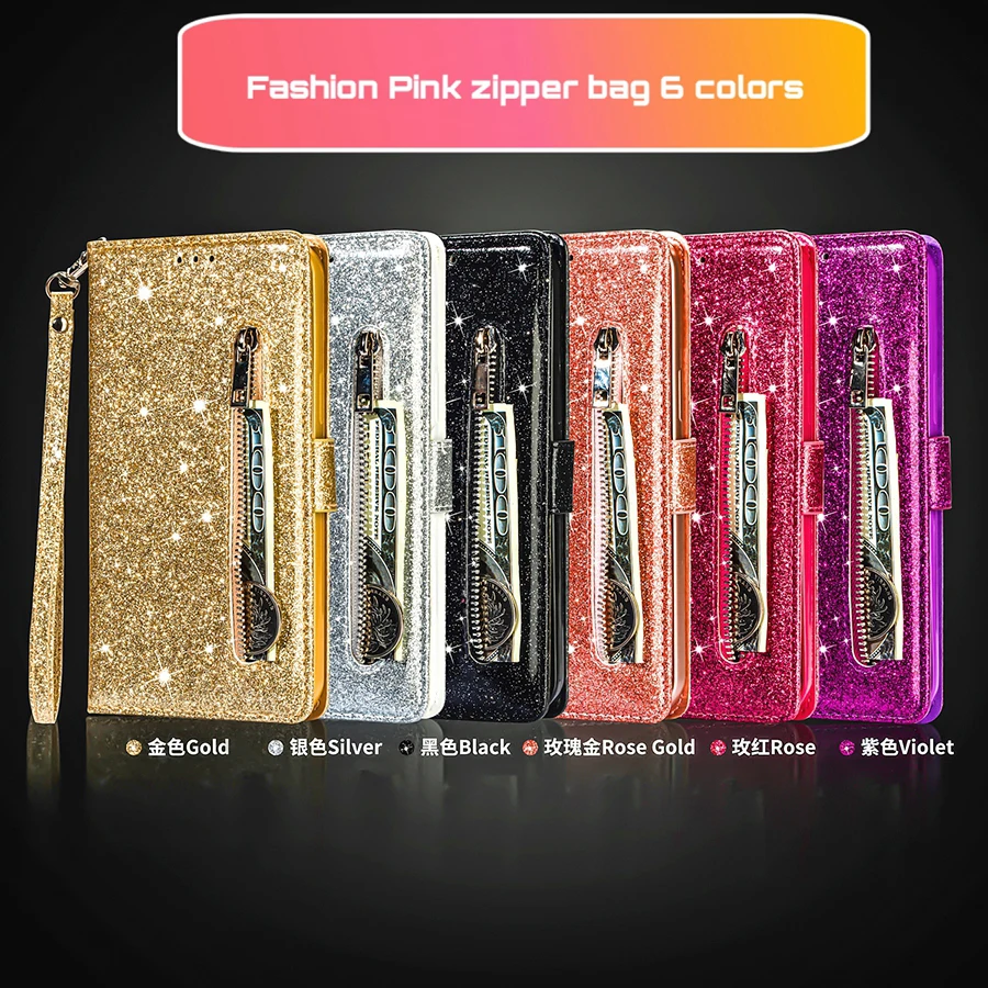 Wallet Glitter Leather Case For Xiaomi Redmi 10C 9A 9C 9T Note 11 Pro 10 Pro 9S Poco M5 M4 Pro X4 GT F4 C40 11T 12 Lite 12T 13
