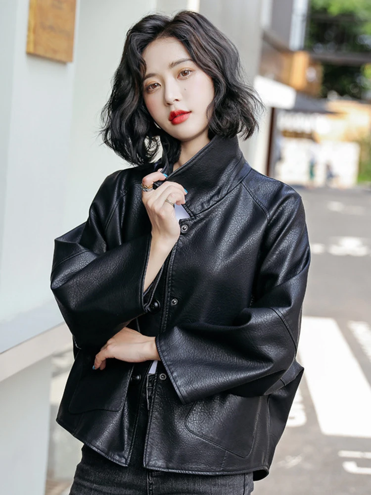 

Lapel Vintage PU Leather Jacket Women Spring Autumn High Street Harajuku Simple Tide Tops Loose Short Leather Coats Female