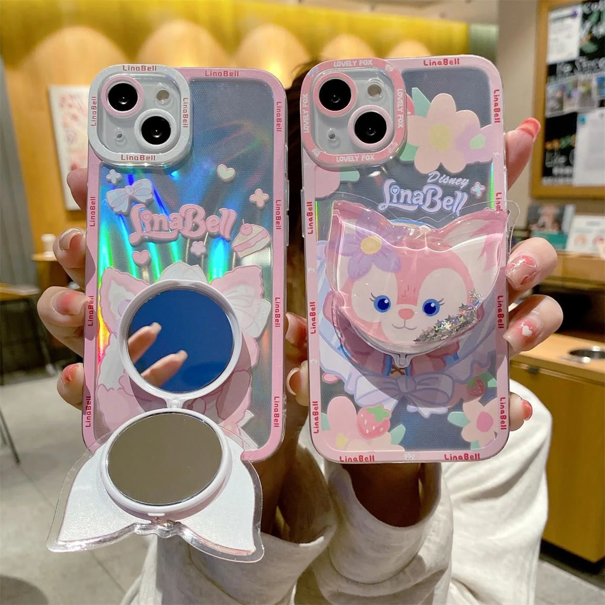 

Disney LinaBell Quicksand Laser Mirror Phone Cases For iPhone 13 12 11 Pro Max Mini XR XS MAX X Lady Girl Shockproof Soft Cover