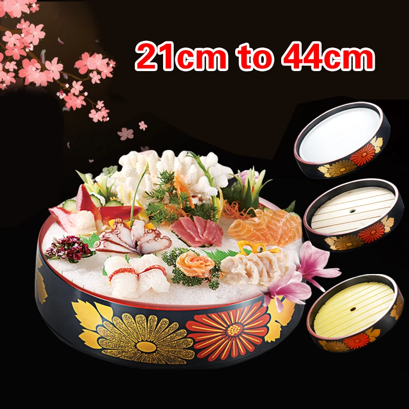 

Japanese sushi bucket sashimi raw fish seafood dish sushi cuisine fruit dish food chrysanthemum round tray Salmon Ice Plate