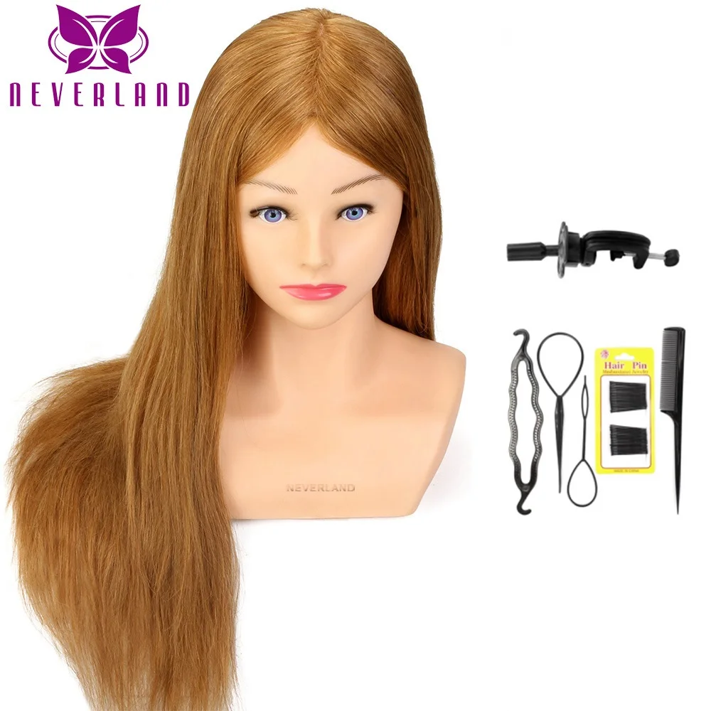 24'' 80% Real Hair Hairdressing Training Head Hairstyle Doll Headl with Shoulder Braiding Curling Practice Mannequin Head