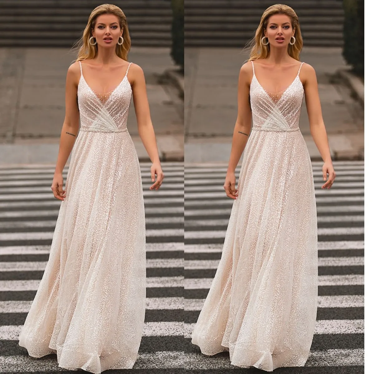 

Simple Wedding Party Dresses for Women Sparkle Spaghetti Strap Bling Bridal Gown Modern Celebrity Robe Mariée Customize