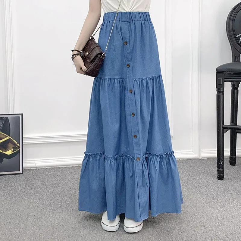 

Женская джинсовая юбка с высокой талией, повседневная синяя джинсовая юбка в стиле пэчворк с оборками и пуговицами, длина 90 см, 2023