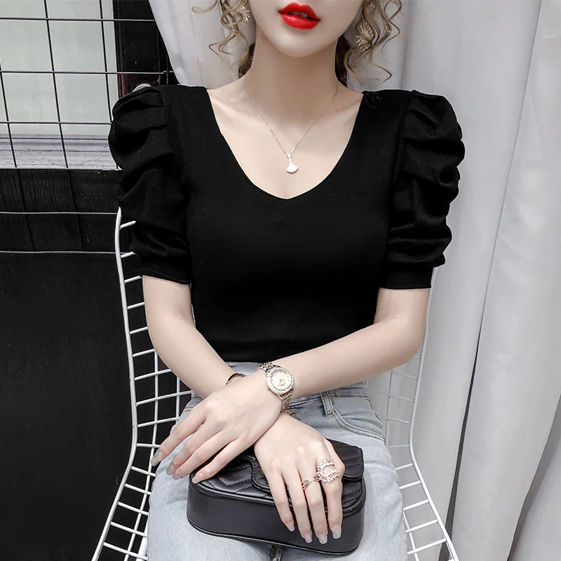 

2022 summer new sexy small Shirt Short Sleeve T-Shirt women's foreign style slim fitting V-neck exposed collarbone bubble sleeve