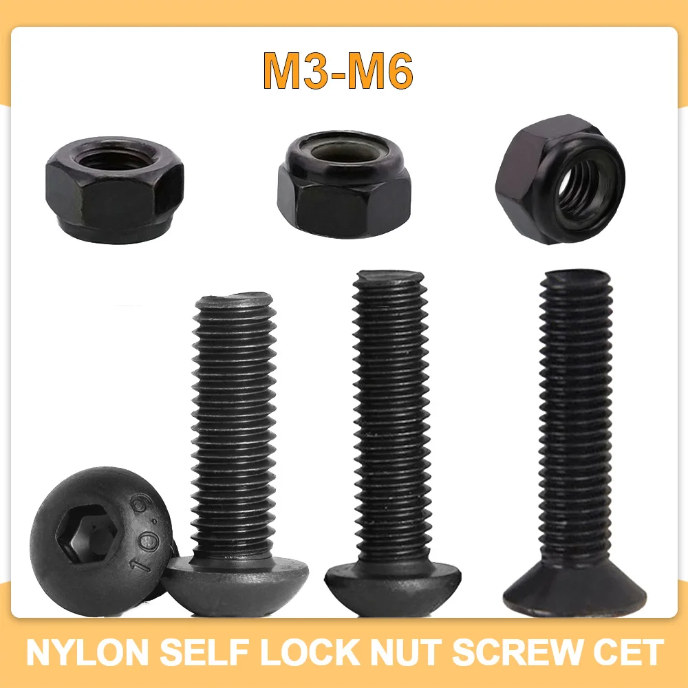 

M2 M3 M4 M5 M6 Metric Threaded Black Carbon Steel Screw Nut Set Hex Hexagonal Allen Countersunk Nylon Self Locking Nuts Bolt Kit