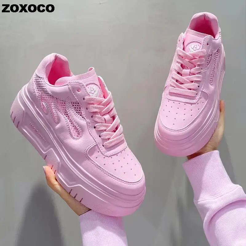

2022 Summer White Pink Platform Sneakers Women Green Casual Vulcanized Shoes Fashion Comfortable Mesh Thick Sole Dad Shoes Lady