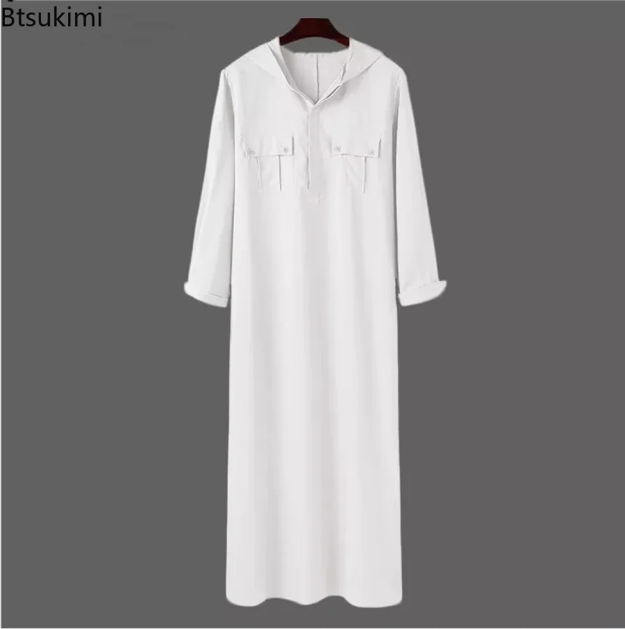 Muslim Fashion Abayas Solid Muslim Hooded Robes Multi-pockets Kaftan Middle East Buttons Jubba Thobe for Men Islamic Clothing