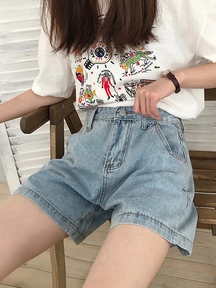 New Streetwear Women Loose High Waist Blue Denim Shorts Spring Summer Female Button Wide Leg Jeans Shorts Bottoms