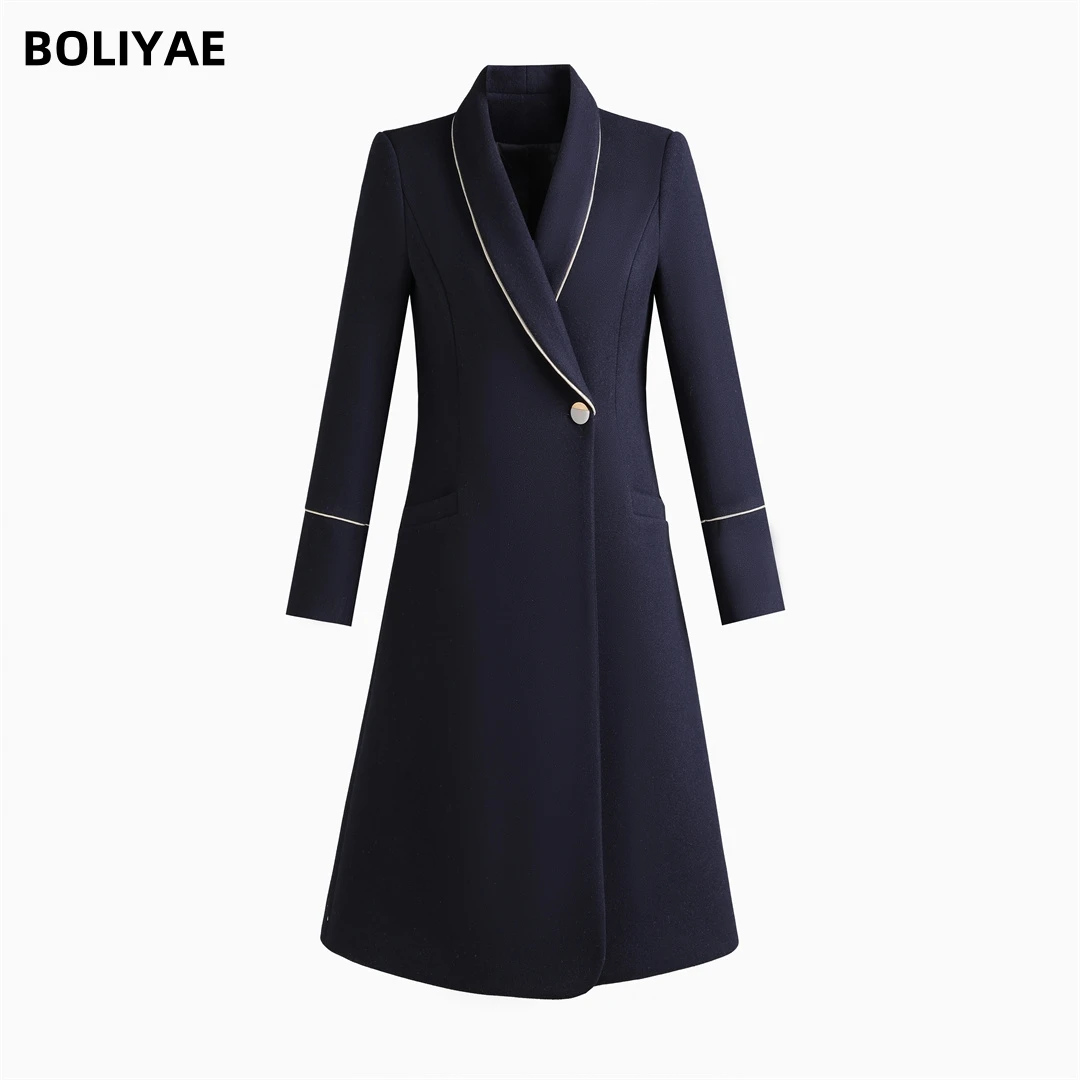 

Boliyae Winter Temperament Woolen Coats Women Office Lady Single Button Elegant Gray Overcoat Wool Blend Long Coat Trench 5XL