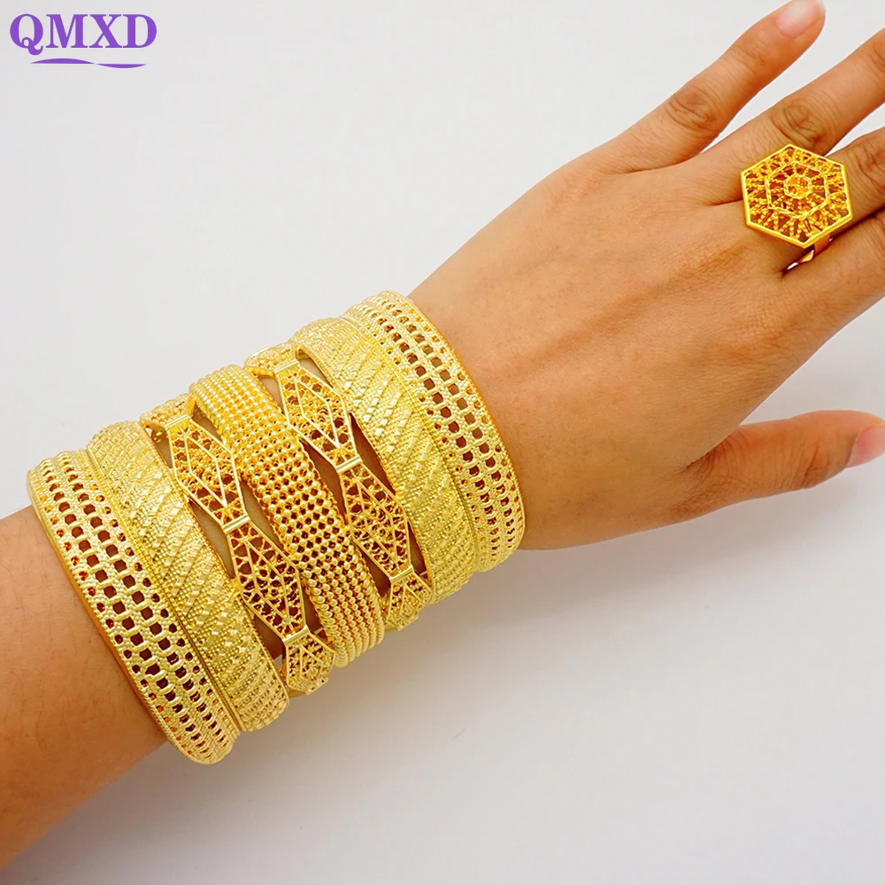 

Luxury Duabi Gold Color Bangles With Ring Indian Wide Bracelet For Women Nigerian Bridal Wedding Moroccan Jewelry Party Gifts