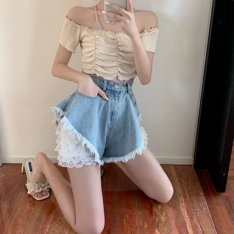 Summer High Waist Lace Hot Shorts Women's Beach Loose Oversize Short Jeans Female Decals Hole Washed Denim Shorts Female Fashion