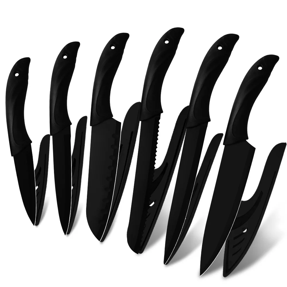 

Набор черных ножей Sowoll 6 шт., кухонный нож из нержавеющей стали, острые лезвия, профессиональные поварские ножи, инструмент с пластиковыми кр...